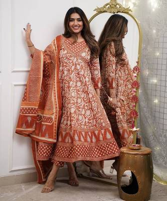 Orange Cotton Kurta Set with Dupatta 1