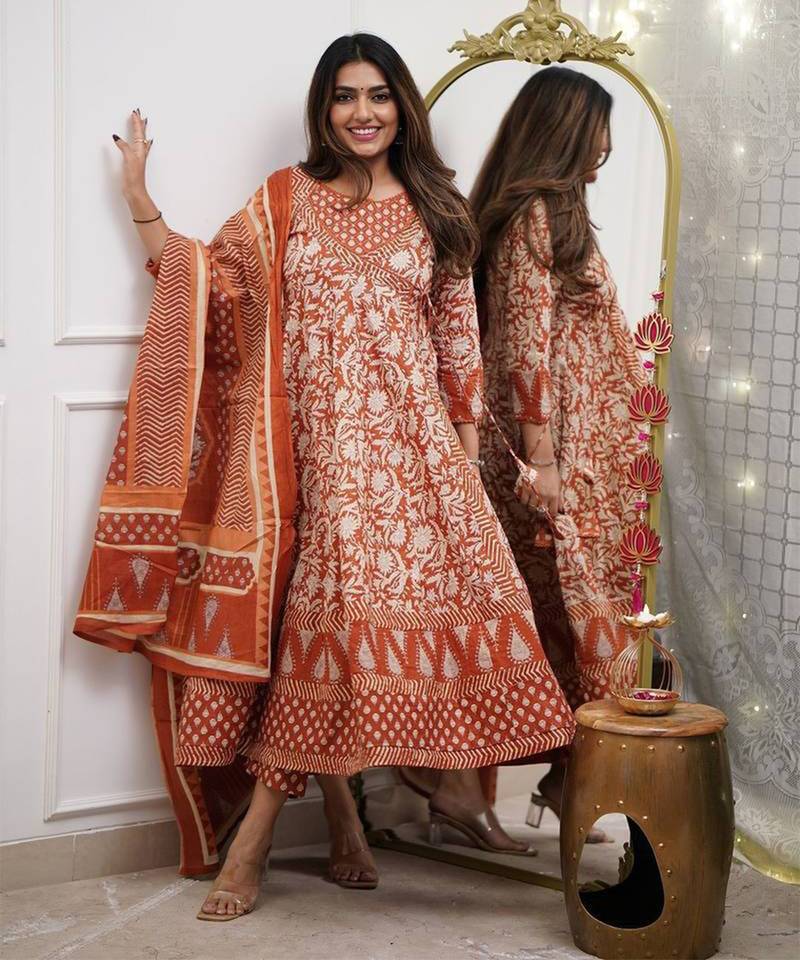 Orange Cotton Kurta Set with Dupatta