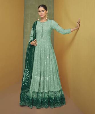 Turquoise Embroidery Anarkali Suit for Wedding 1