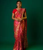 Red muga art silk bandhani zari border saree