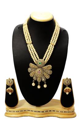 Designer Antique Pendant & Moti Mala Necklace Set Party Wear Necklace With Jhumki / Earring Set fashion jewellery 1