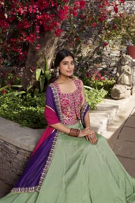 sea green Vichitra Silk Plain Sequins and Thread Embroidery Work Lehenga Choli 3
