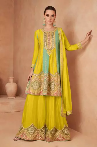 Yellow Chinon Palazzo Suit for Women