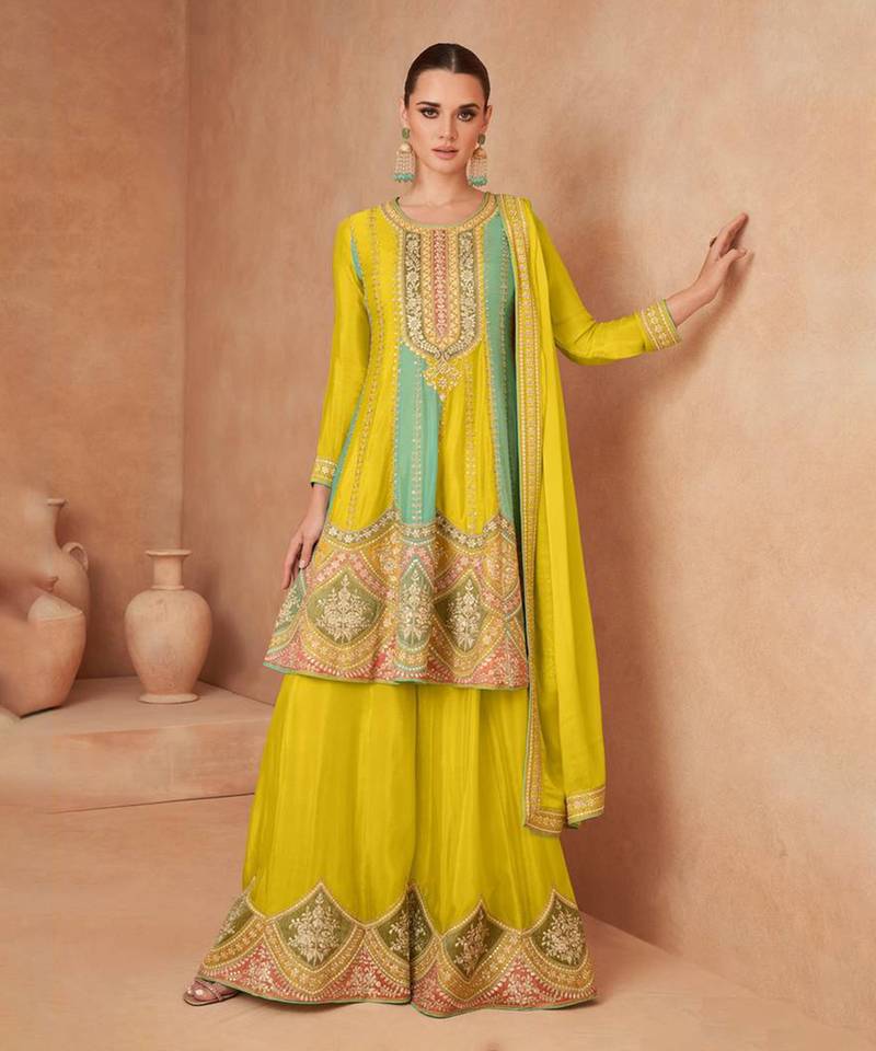 Yellow Chinon Palazzo Suit for Women