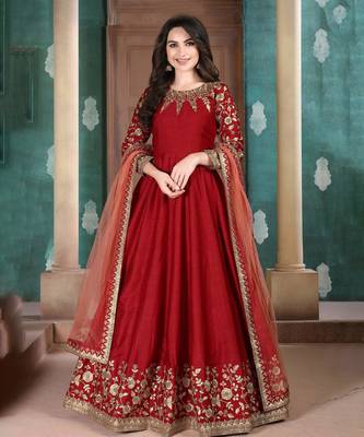 Red Slub Silk Anarkali Suit for Women 1