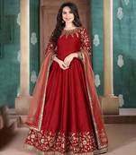 Red Slub Silk Anarkali Suit for Women