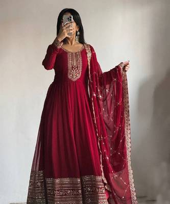Maroon Georgette Gown with Duppata Stitched 1