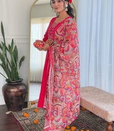 Rani pink rayon heavy thread embroidery work with printed dupatta kurta pant set