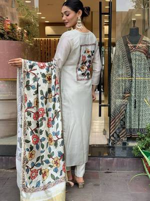 Off white viscose chanderi heavy thread embroidery work with printed dupatta kurta pant set 4