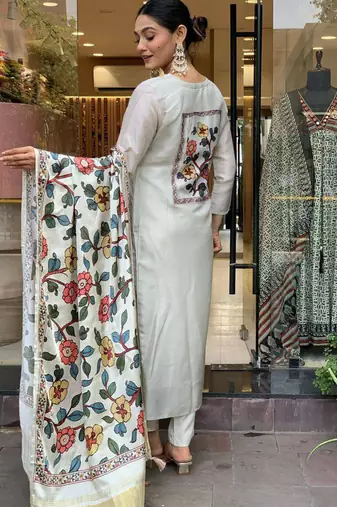 Off white viscose chanderi heavy thread embroidery work with printed dupatta kurta pant set
