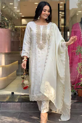Off white pure viscose jacquard heavy thread embroidery with jacquard work kurta pant set