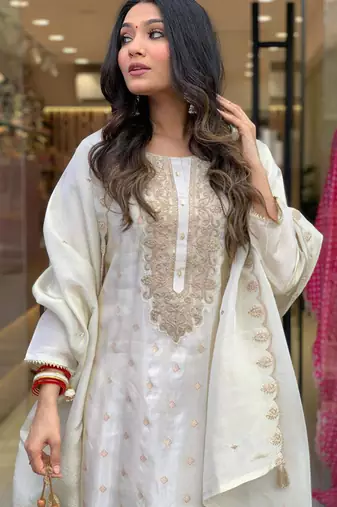 Off white pure viscose jacquard heavy thread embroidery with jacquard work kurta pant set