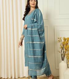 Aqua blue chanderi heavy thread embroidery work kurta pant set