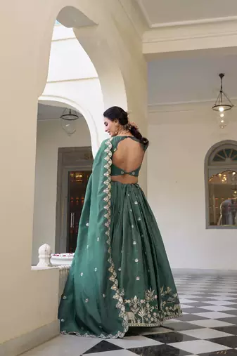 teal Gold Crush With Sequins and Thread Embroidery Lehenga Choli