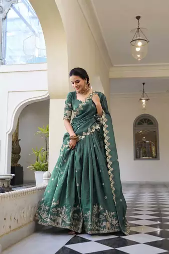 teal Gold Crush With Sequins and Thread Embroidery Lehenga Choli