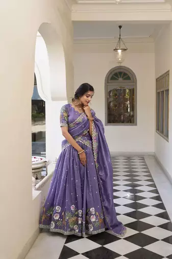 lavender Women's Gold Crush With Sequins and Thread Embroidery Lehenga Choli