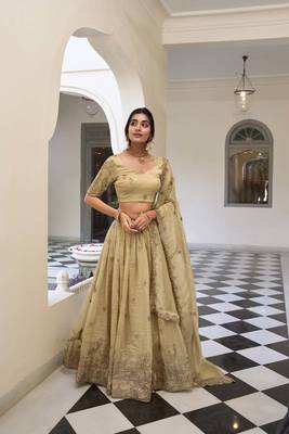 off white Gold Crush With Sequins and Thread Embroidery Lehenga Choli 1