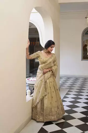 off white Gold Crush With Sequins and Thread Embroidery Lehenga Choli