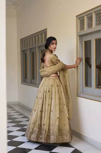 off white Gold Crush With Sequins and Thread Embroidery Lehenga Choli