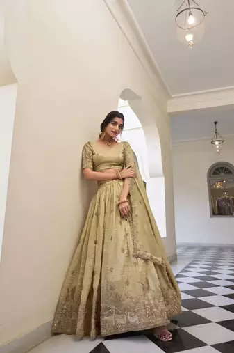off white Gold Crush With Sequins and Thread Embroidery Lehenga Choli