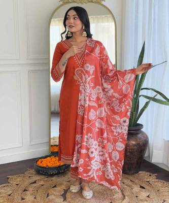 Orange viscose rayon fabric designer embroidery work with printed festive wear salwar suit 1