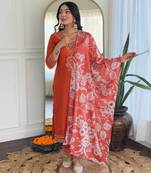 Orange viscose rayon fabric designer embroidery work with printed festive wear salwar suit