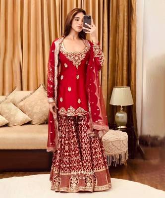 Red Georgette Kurta Pant with Dupatta 1