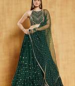 Graceful Bottle Green Sequins and Thread Embroidered with Stone work Georgette Semi Stitched Lehenga Choli