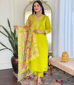 Lime viscose chanderi fabric designer embroidery work with printed festive wear salwar suit