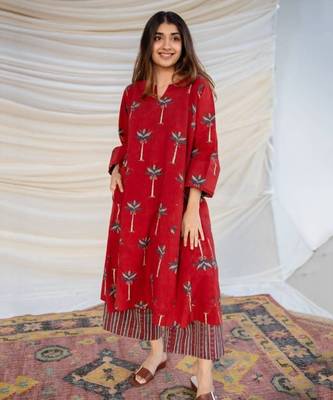 Jaipuri red cotton aline kurti pant co ord set indian pakistani salwar kameez with pockets 1