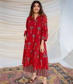 Jaipuri red cotton aline kurti pant co ord set indian pakistani salwar kameez with pockets