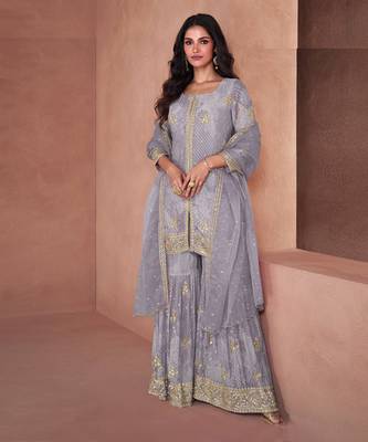 Light purple embroidered georgette palazzo suit 1