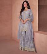 Light purple embroidered georgette palazzo suit