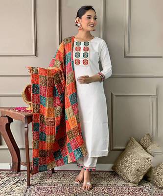 White Embroidered Viscose Straight Kurta, Pant and Dupatta Set 5