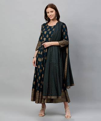 Teal Blue Cotton Printed Readymade Salwar Suit 1