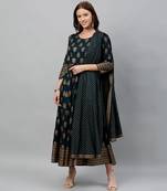 Teal Blue Cotton Printed Readymade Salwar Suit