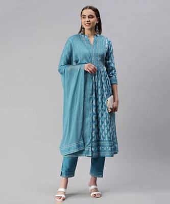 Blue block print cotton kurta pant with dupatta 1