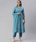 Blue block print cotton kurta pant with dupatta