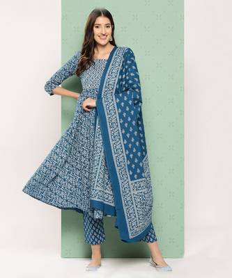 women blue floral anarkali kurta pant and dupatta set 1