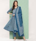 women blue floral anarkali kurta pant and dupatta set