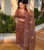 Brown embroidery cotton silk a-line kurta set