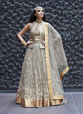 Grey Embroidery Zari Work Net Lehenga Blouse & Jacket 1