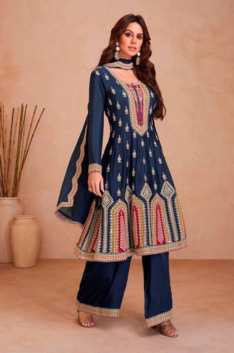Blue Chinon Palazzo Suit for Women
