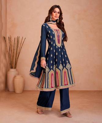 Blue Chinon Palazzo Suit for Women 1