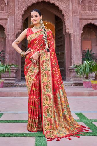 Red Soft Silk blend Banarasi Saree With Blouse