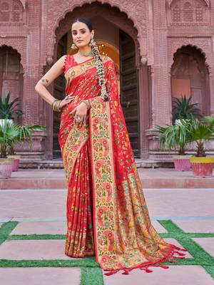 Red Soft Silk blend Banarasi Saree With Blouse 1