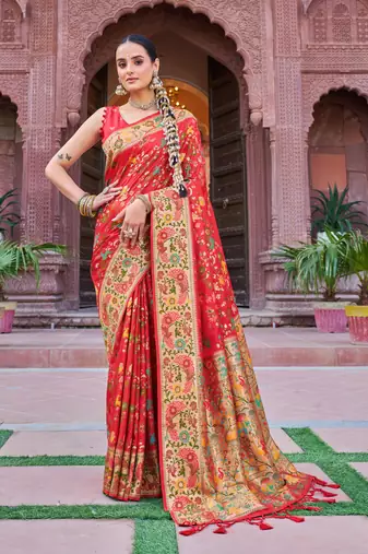 Red Soft Silk blend Banarasi Saree With Blouse