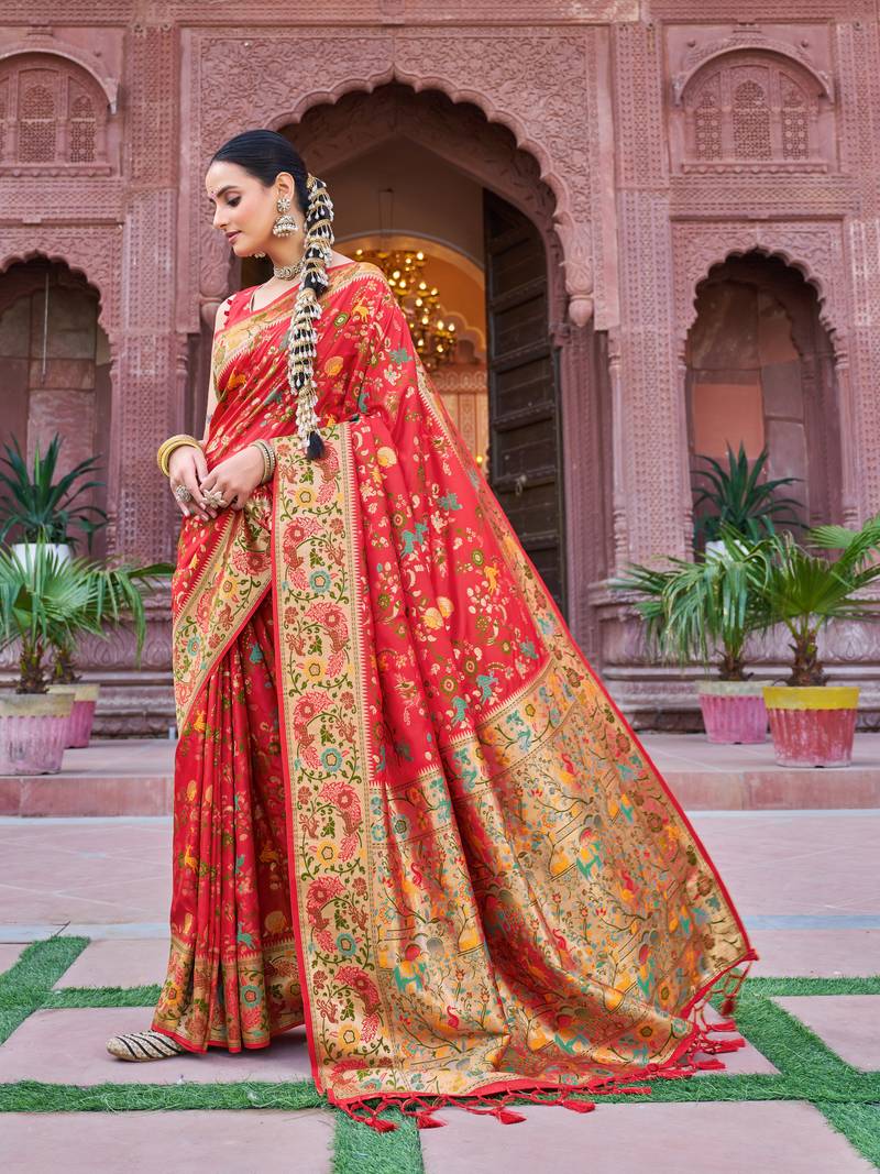 Red Soft Silk blend Banarasi Saree With Blouse