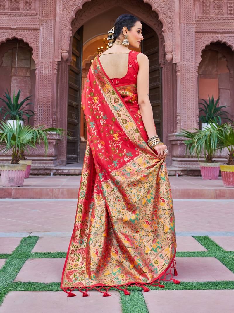 Red Soft Silk blend Banarasi Saree With Blouse