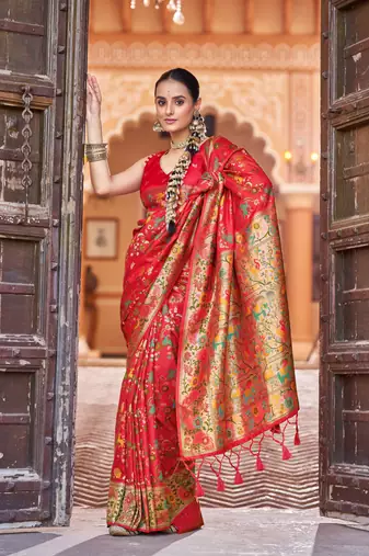 Red Soft Silk blend Banarasi Saree With Blouse
